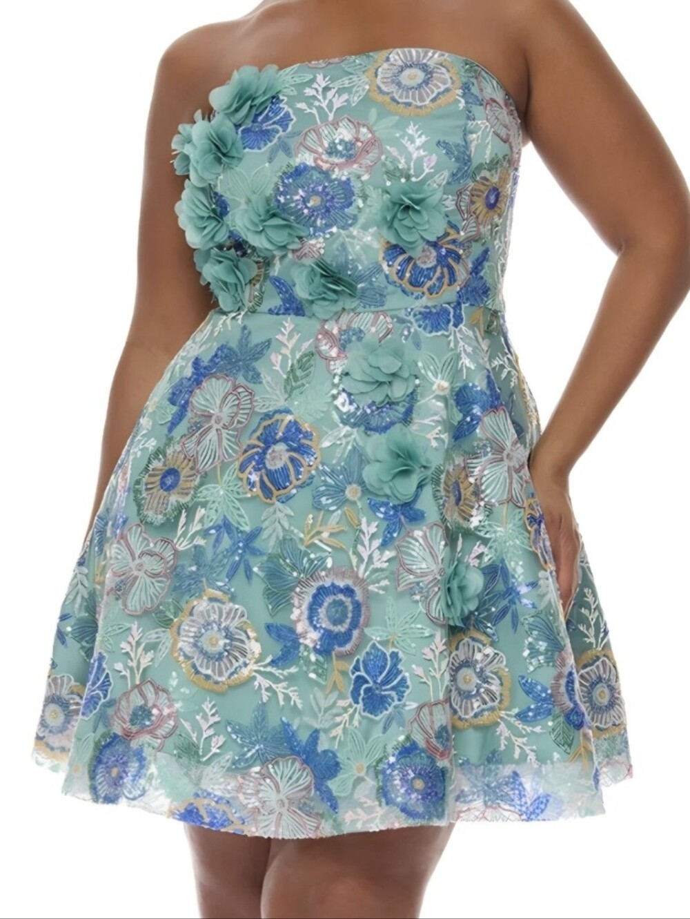 Strapless Floral A-Line Dress in Aqua